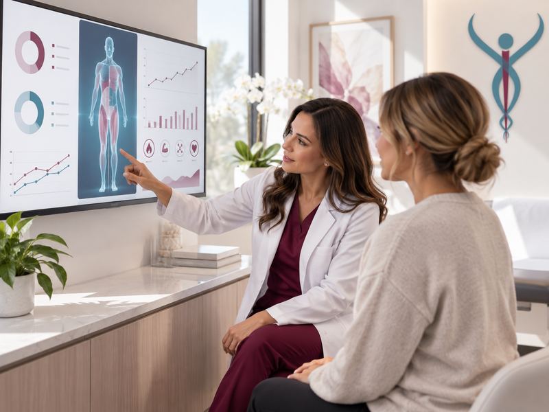 Provider explaining body composition results on a screen