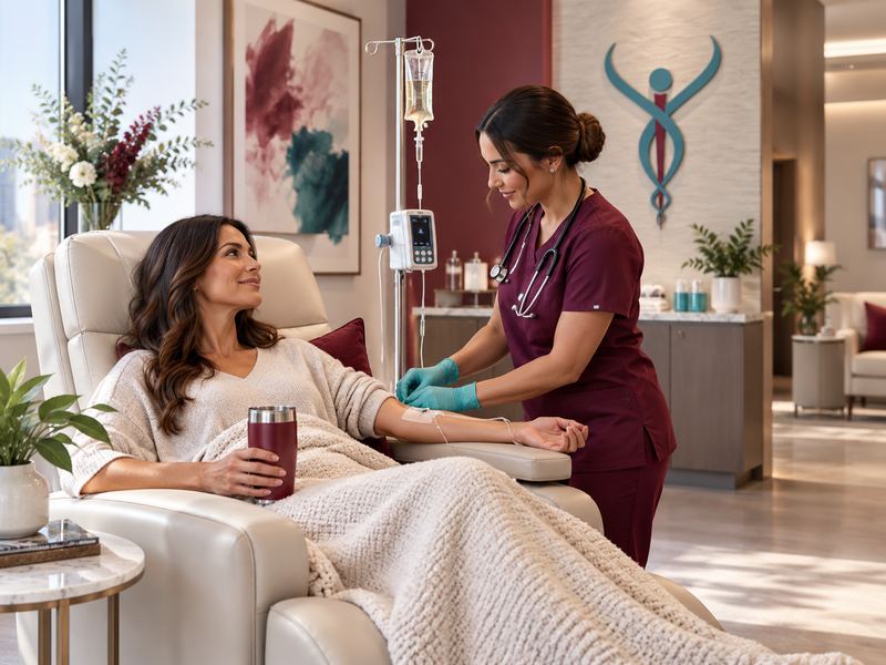Patient relaxing during an IV therapy infusion at Clinic 45