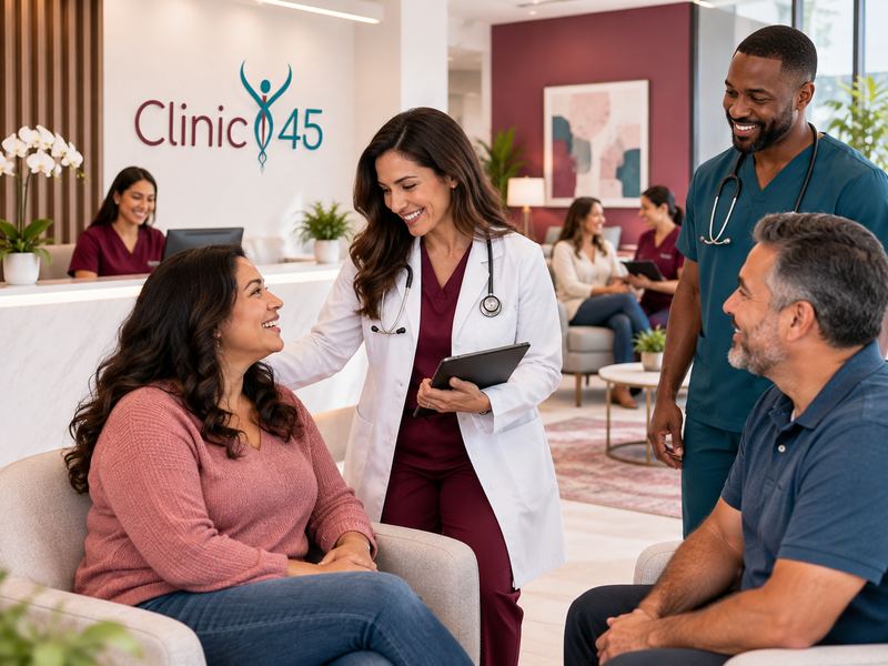 Clinic 45 care team welcoming patients in the Houston clinic